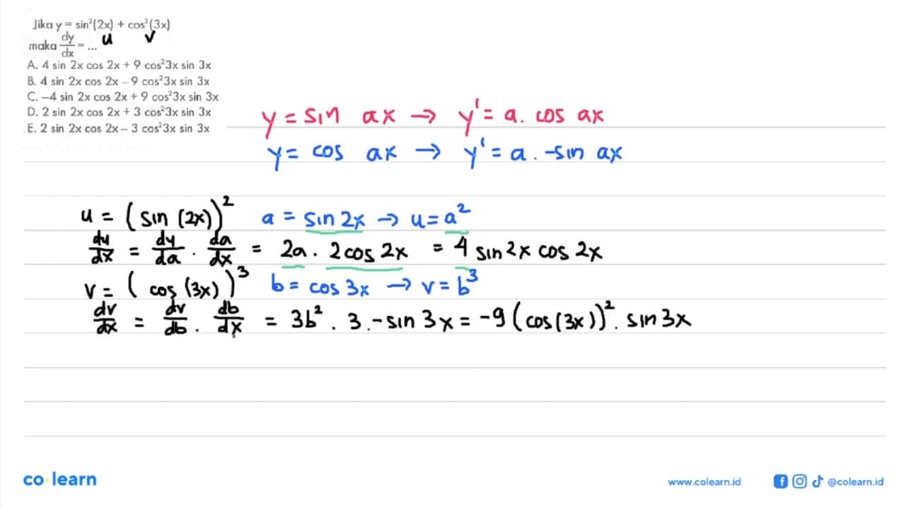 Jika y=sin^2(2x)+cos^2(3x) maka dy/dx=...