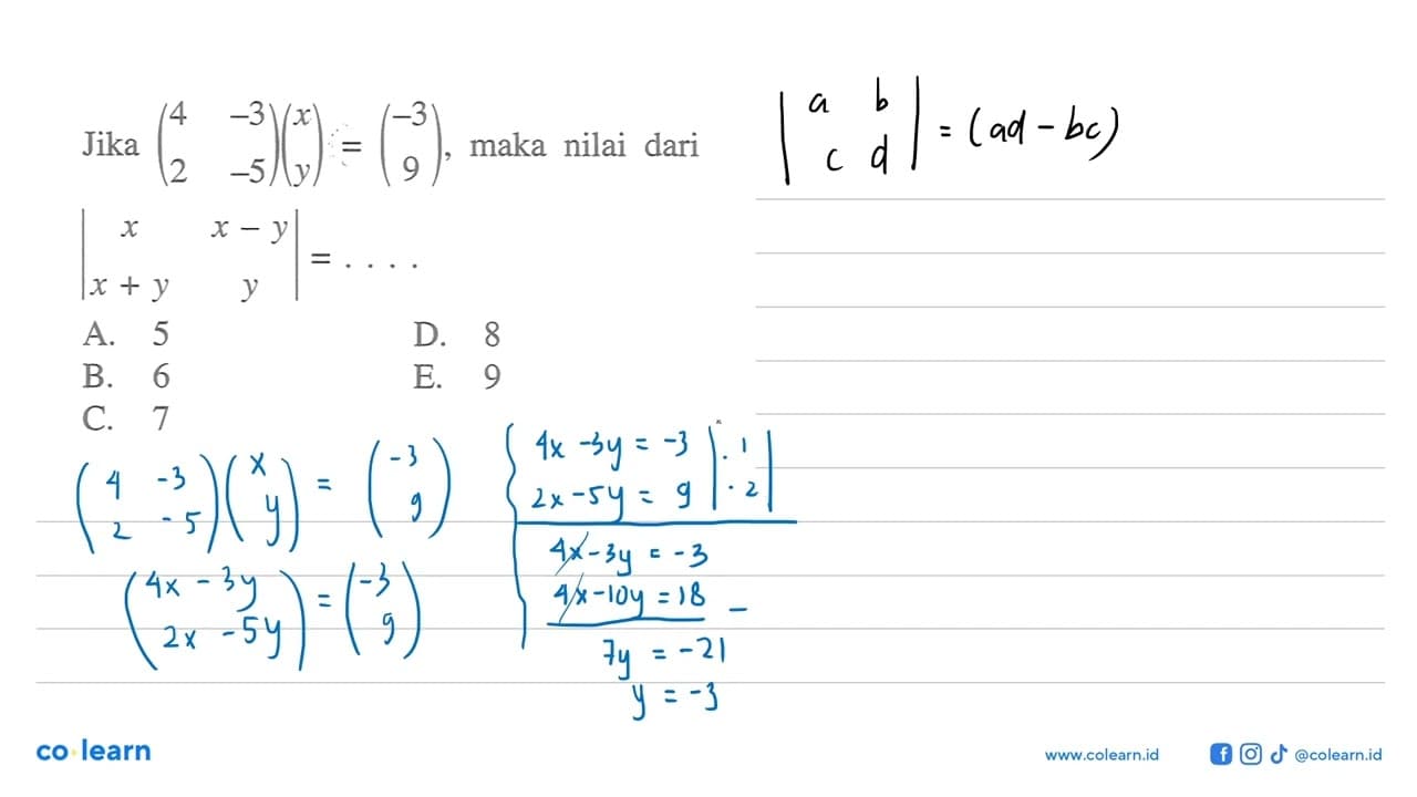 Jika (4 -3 2 -5)(x y)=(-3 9), maka nilai dari |x x-y x+y