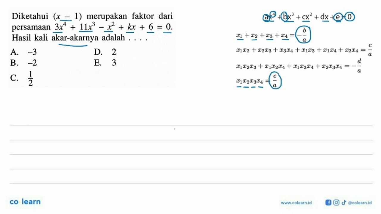 Diketahui (x-1) merupakan faktor dari persamaan