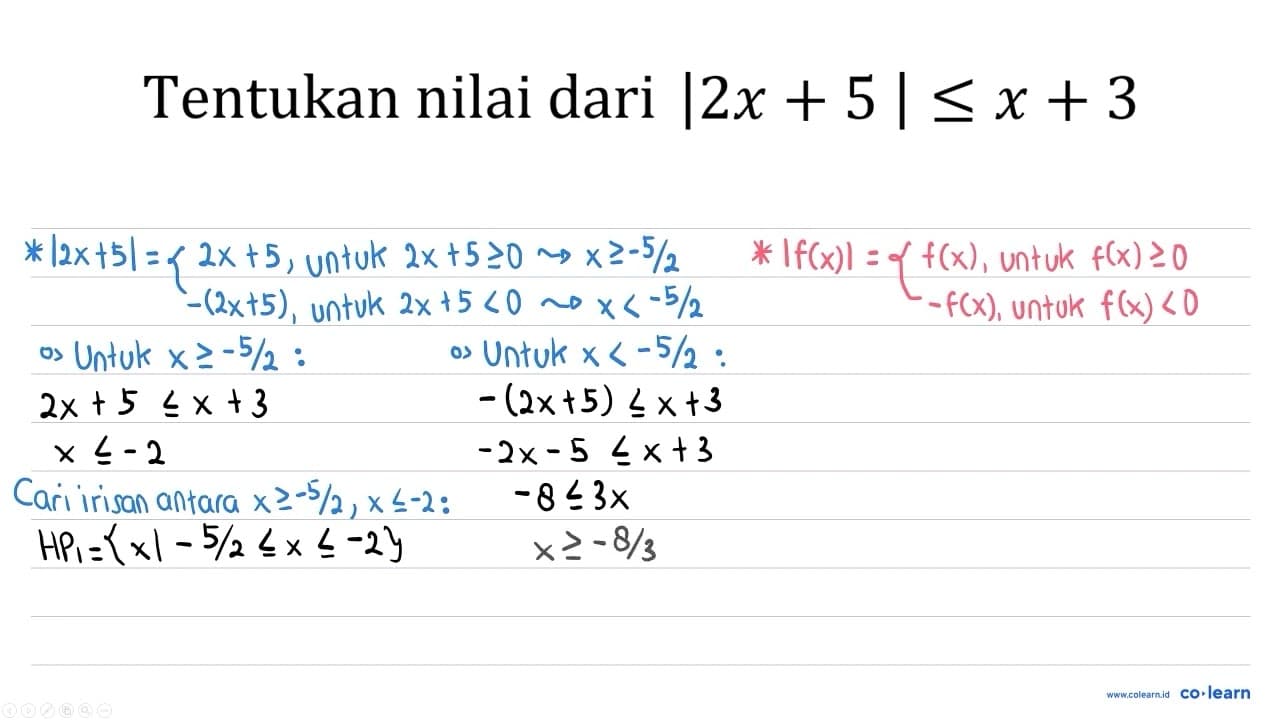 Tentukan nilai dari |2 x+5| <= x+3