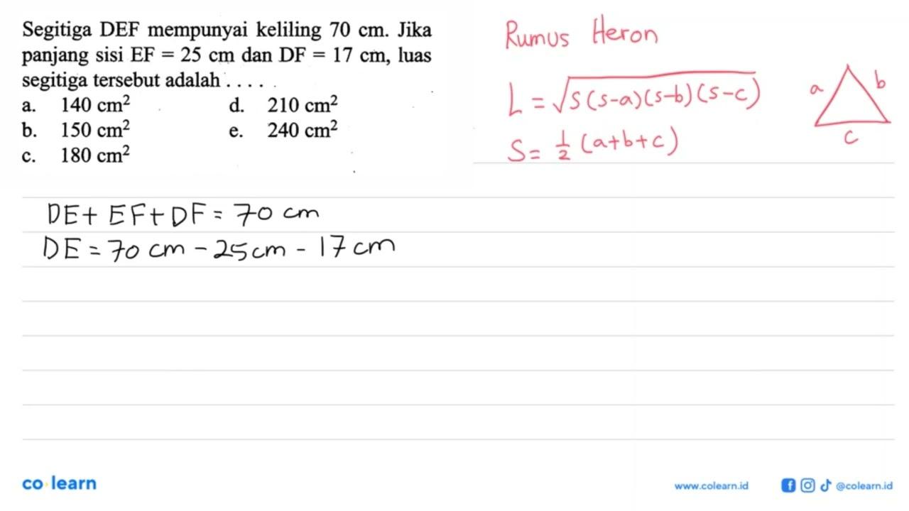 Segitiga DEF mempunyai keliling 70 cm. Jika panjang sisi