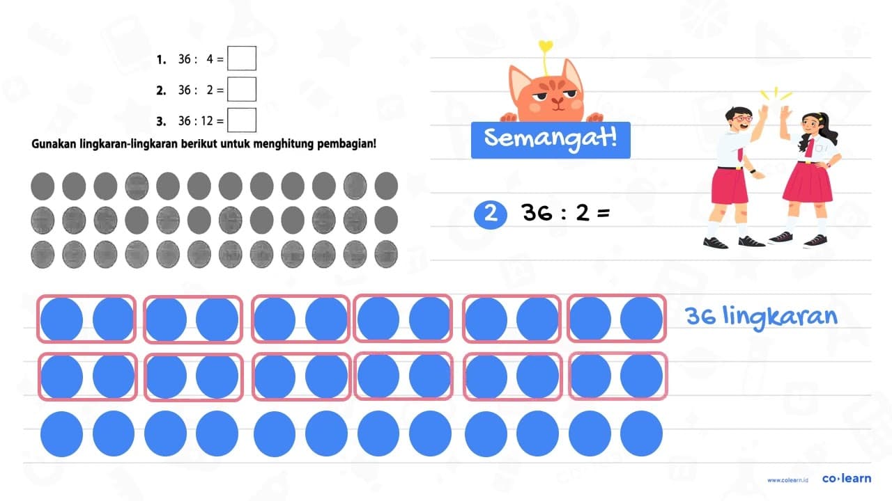 1. 36 : 4 = ... 2. 36 : 2 = ... 3. 36 : 12 = ...