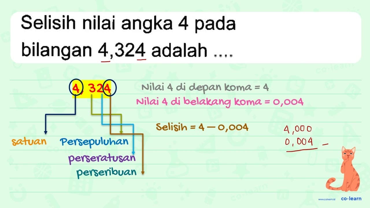 Selisih nilai angka 4 pada bilangan 4,324 adalah ...