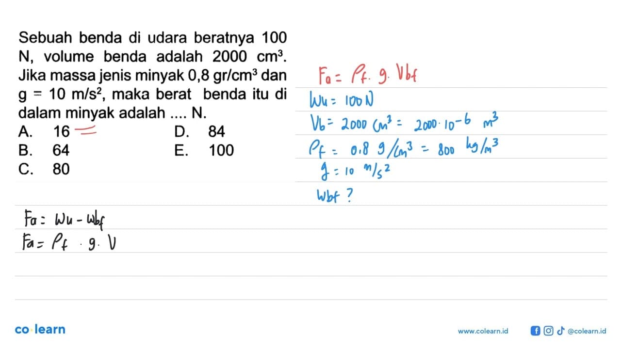 Sebuah benda di udara beratnya 100 N, volume benda adalah