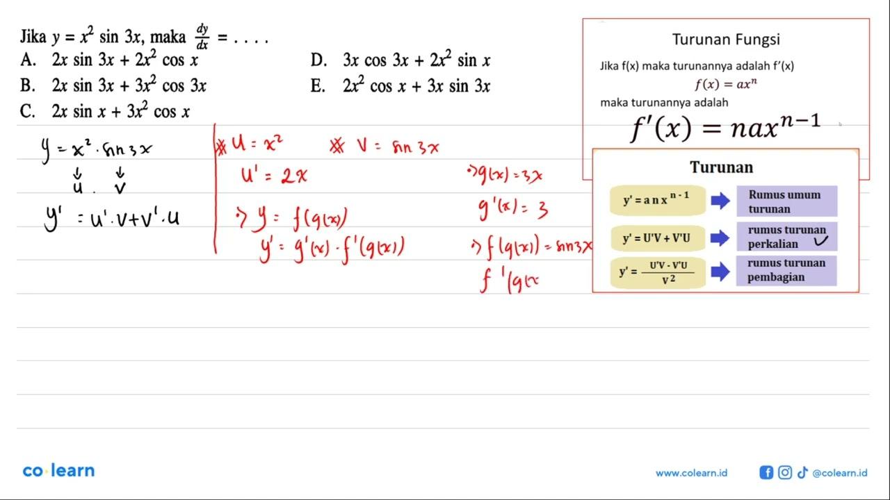 Jika y=x^2 sin3x, maka dy/dx=....