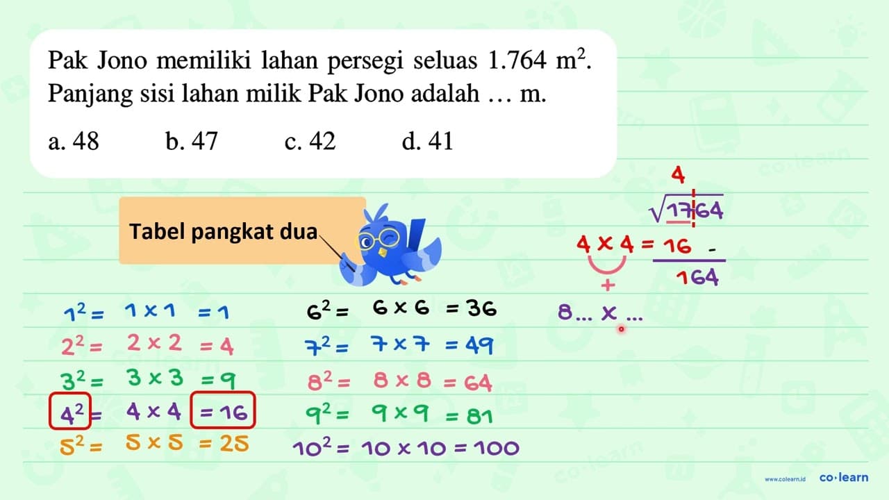 Pak Jono memiliki lahan persegi seluas 1.764 m^2. Panjang