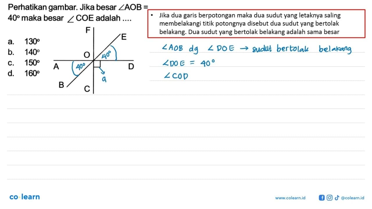 Perhatikan gambar. Jika besar sudut AOB= 40 maka besar