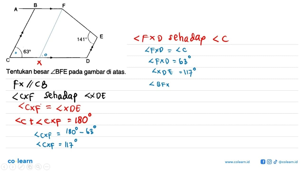 A B F 141 E C 63 DTentukan besar sudut BFE pada gambar di