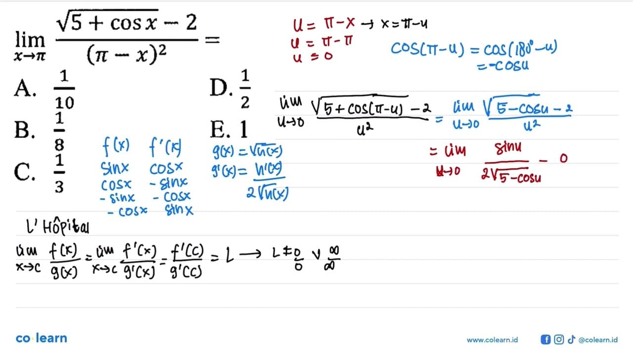 limit x->pi (akar(5+cos x)-2)/((pi-x)^2)=