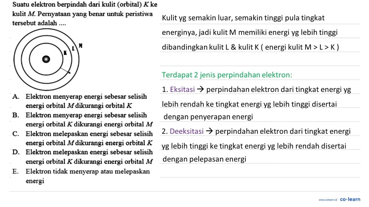 Suatu elektron berpindah dari kulit (orbital) K ke kulit M