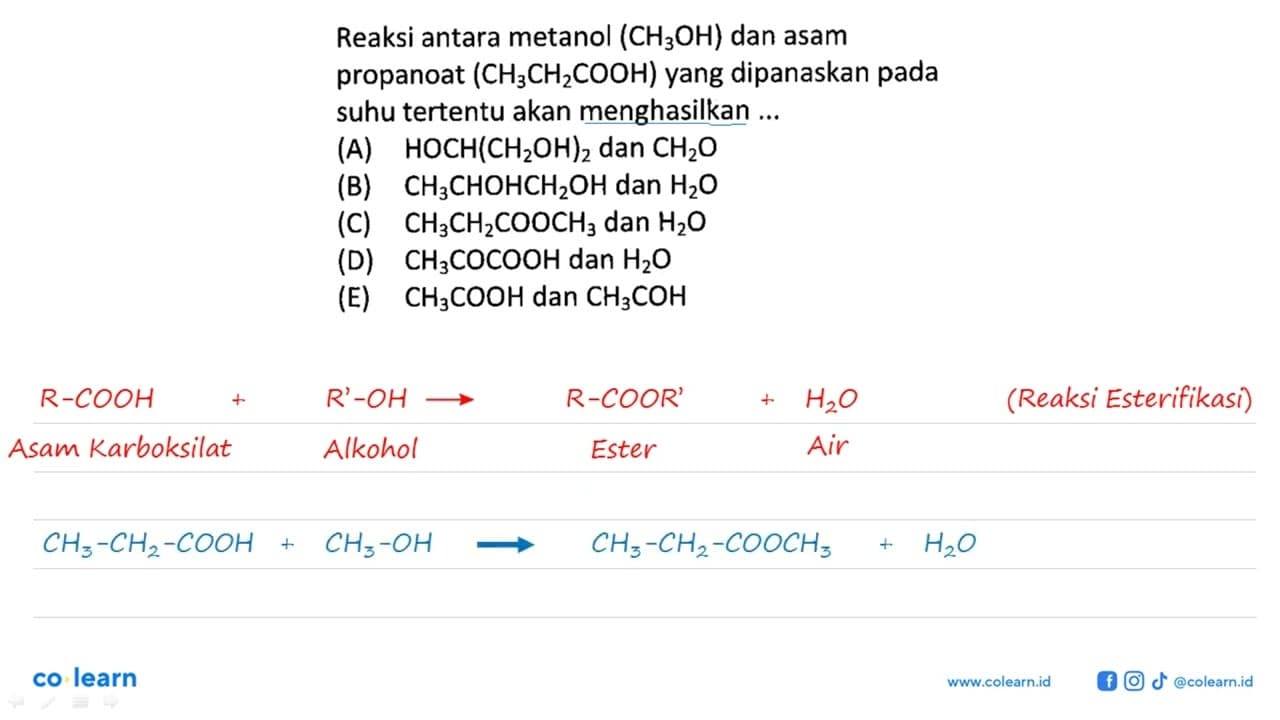 Reaksi antara metanol (CH3OH) dan asam propanoat