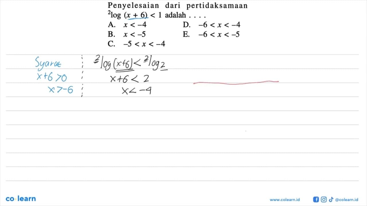 Penyelesaian pertidaksamaan dari 2log(x+6)<1 adalah . . . .