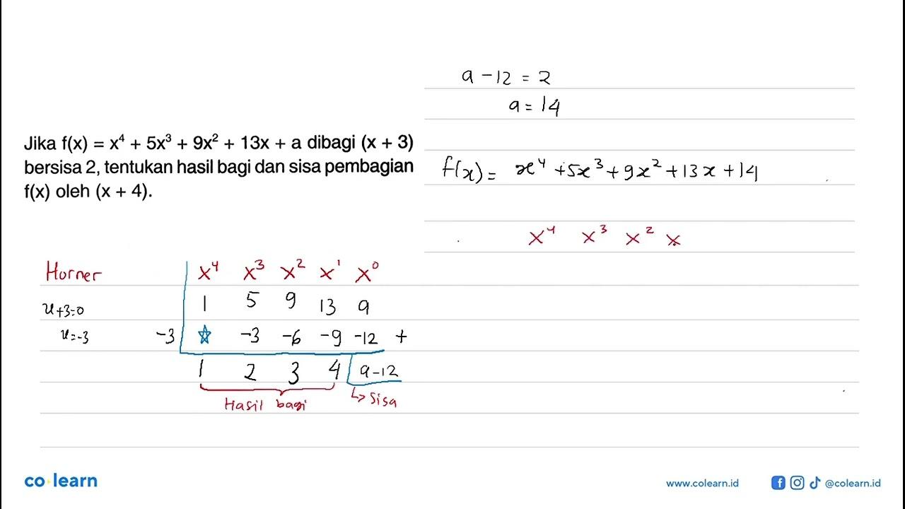 Jika f(x)=x^4+5x^3+x^2+13x+a dibagi (x+3) bersisa 2,