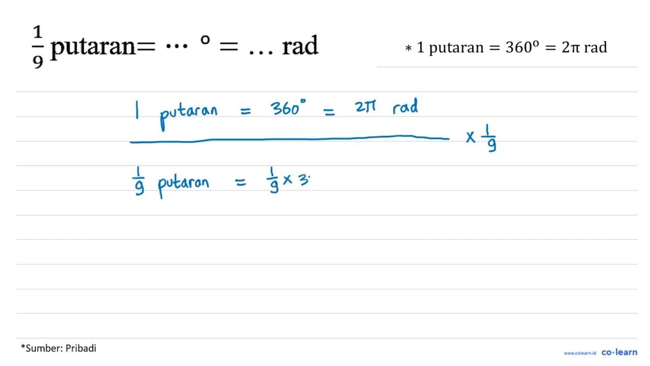 1/9 putaran = .... = .... rad