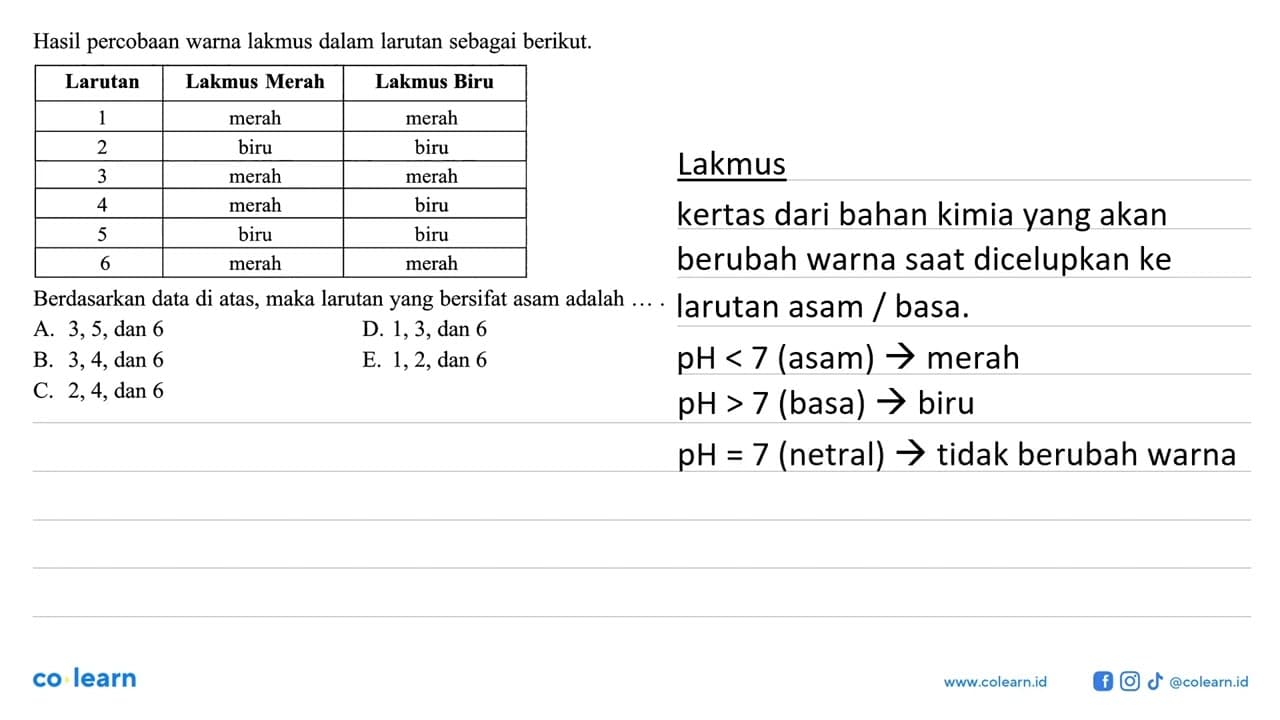 Hasil percobaan warna lakmus dalam larutan sebagai berikut.