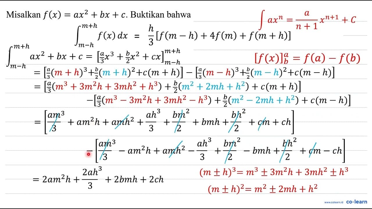 Misalkan f(x)=a x^(2)+b x+c . Buktikan bahwa integral