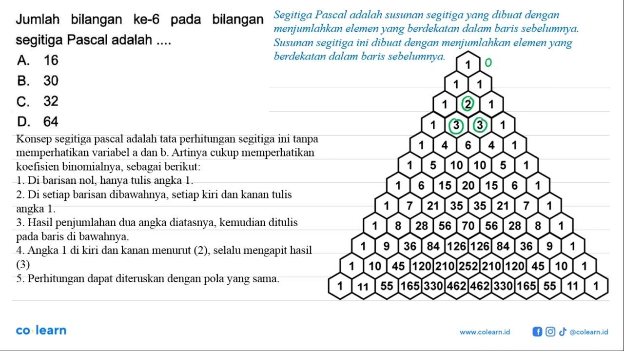 Jumlah bilangan ke-6 pada bilangan segitiga Pascal