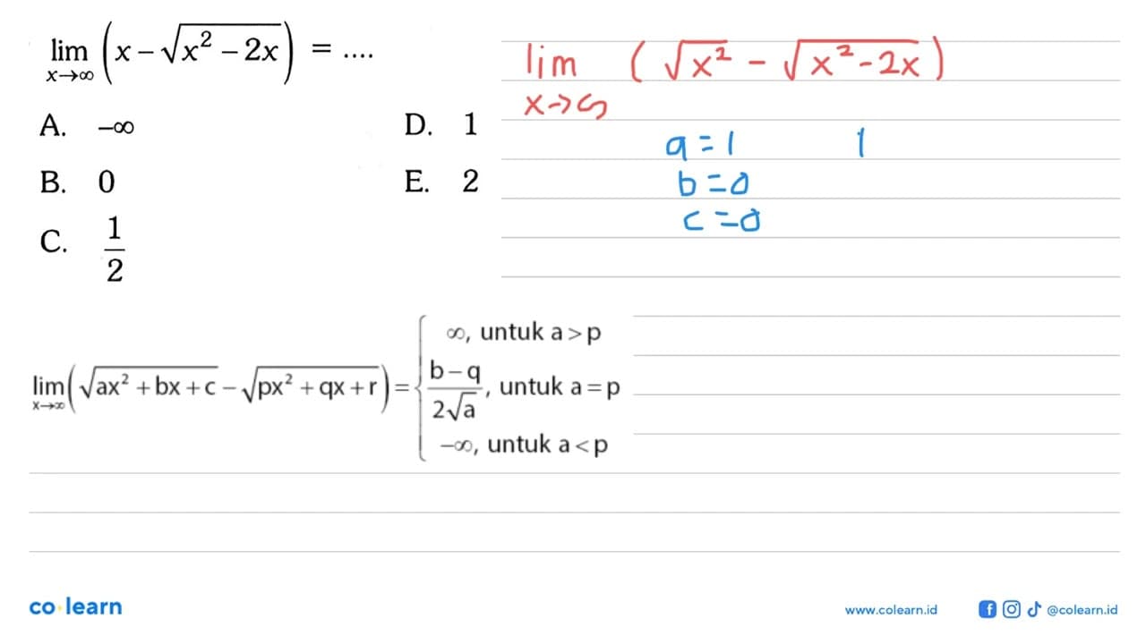 limit x mendekati tak hingga (x-akar(x^2-2x)=...