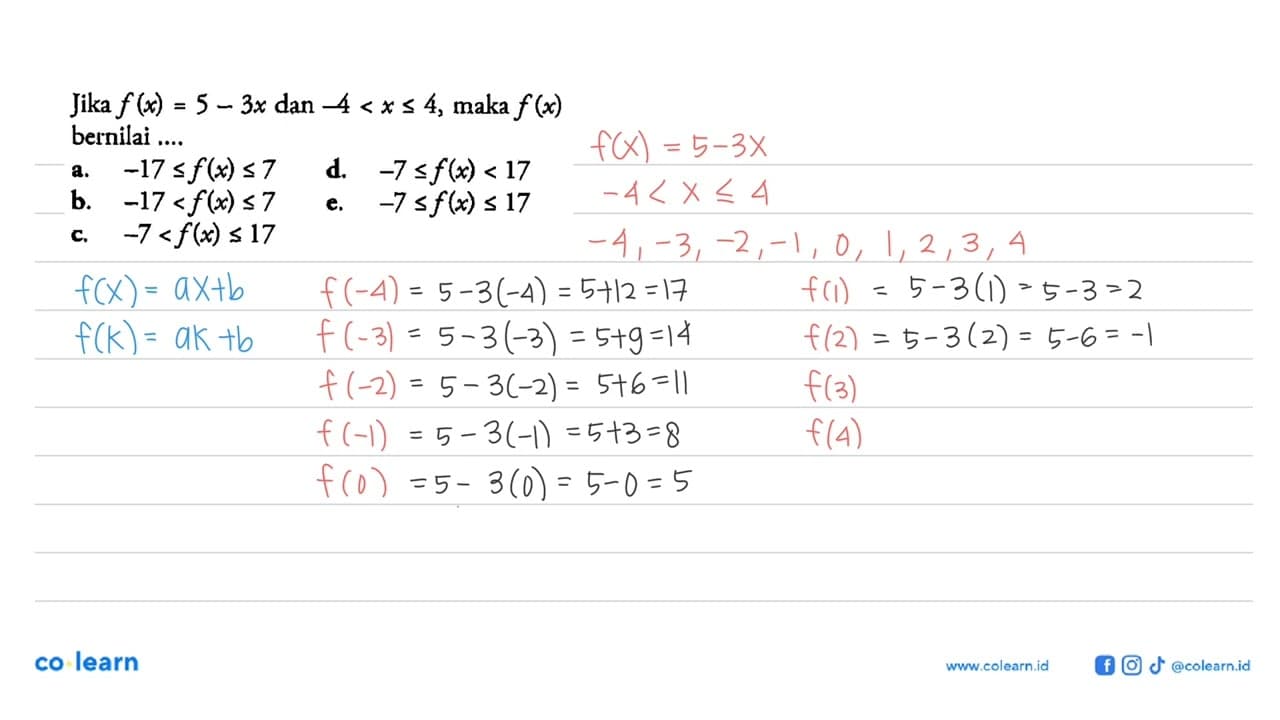 Jika f(x)=5-3x dan -4<x<= 4, maka f(x) bernilai ....