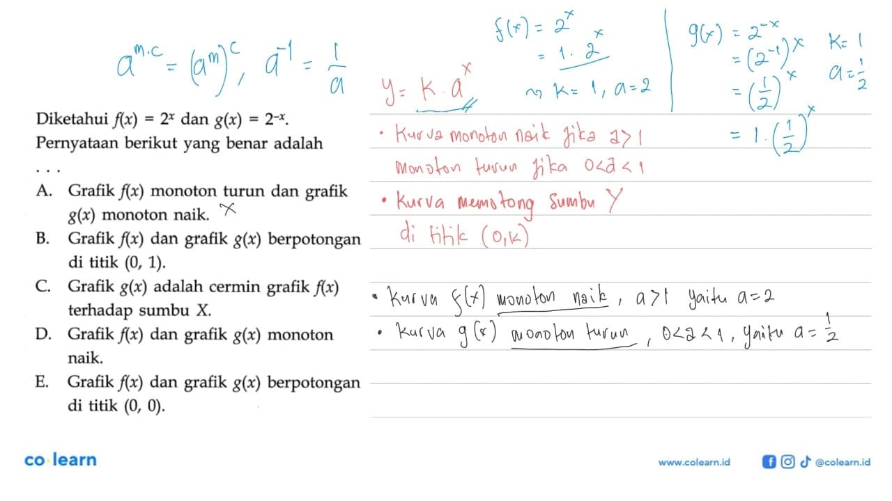 Diketahui f(x)=2^x dan g(x)=2^(-x). Pernyataan berikut yang