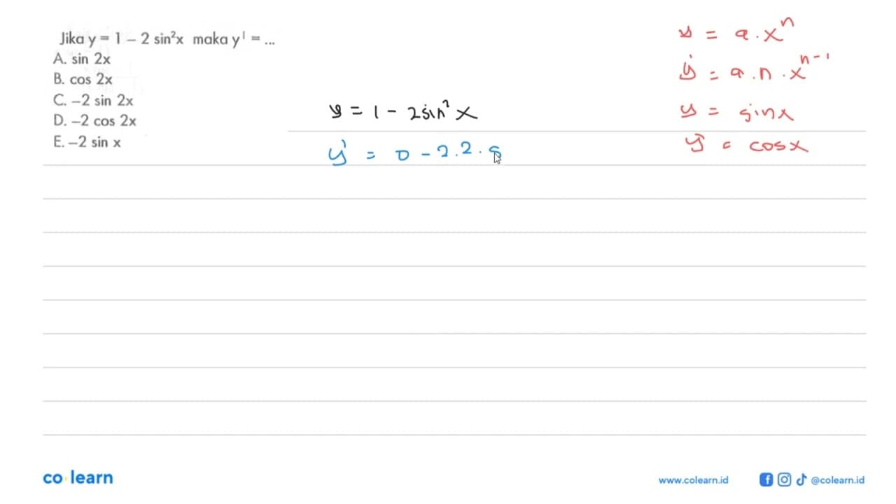 Jika y=1-2sin^2x maka y'=...