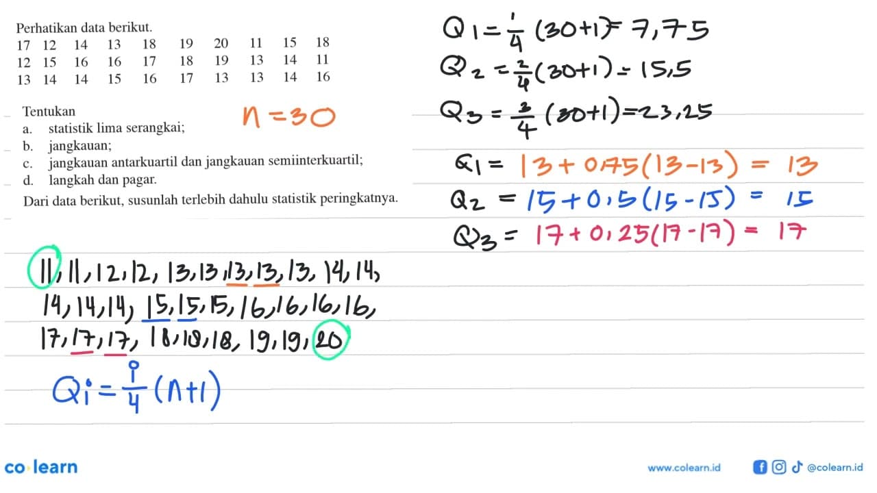 Perhatikan data berikut. 17 12 14 13 18 19 20 11 15 18 12
