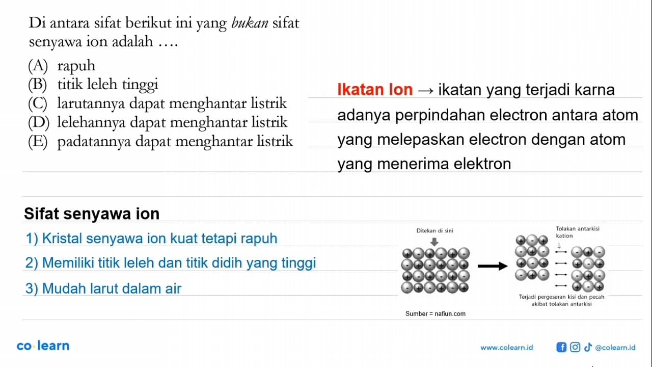 Di antara sifat berikut ini yang bukan sifat senyawa ion