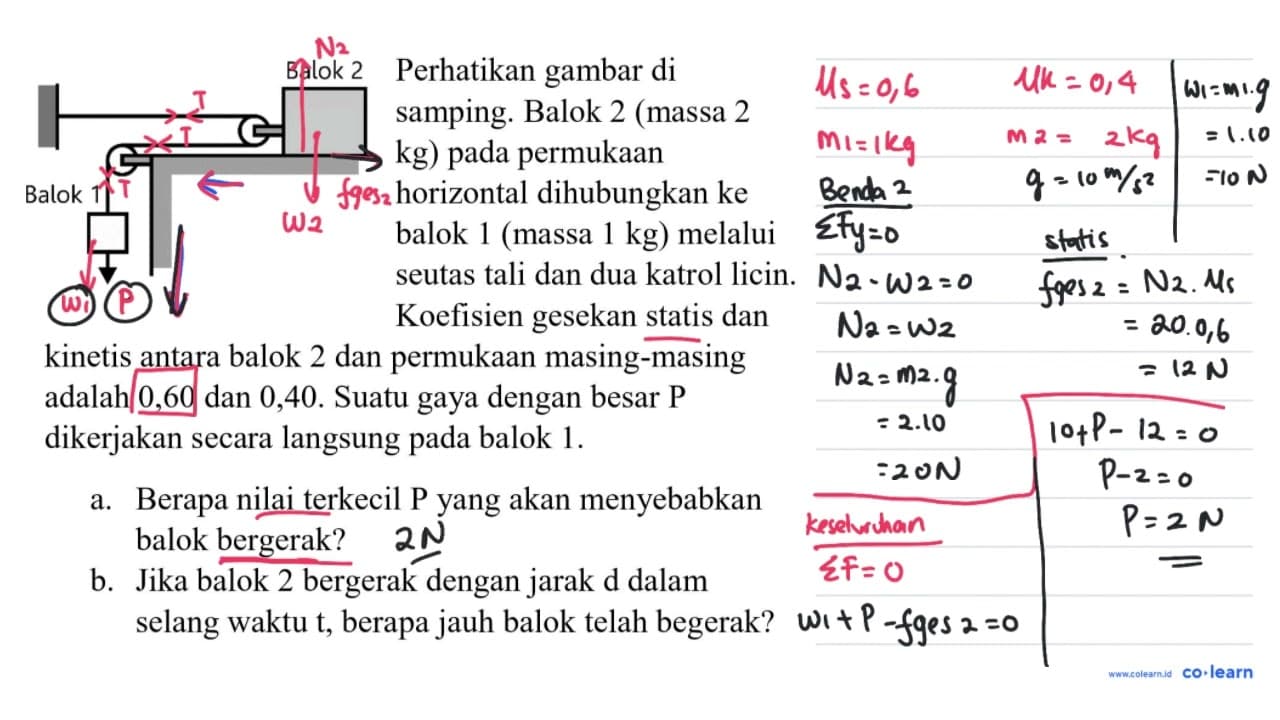 kinetis antara balok 2 dan permukaan masing-masing adalah