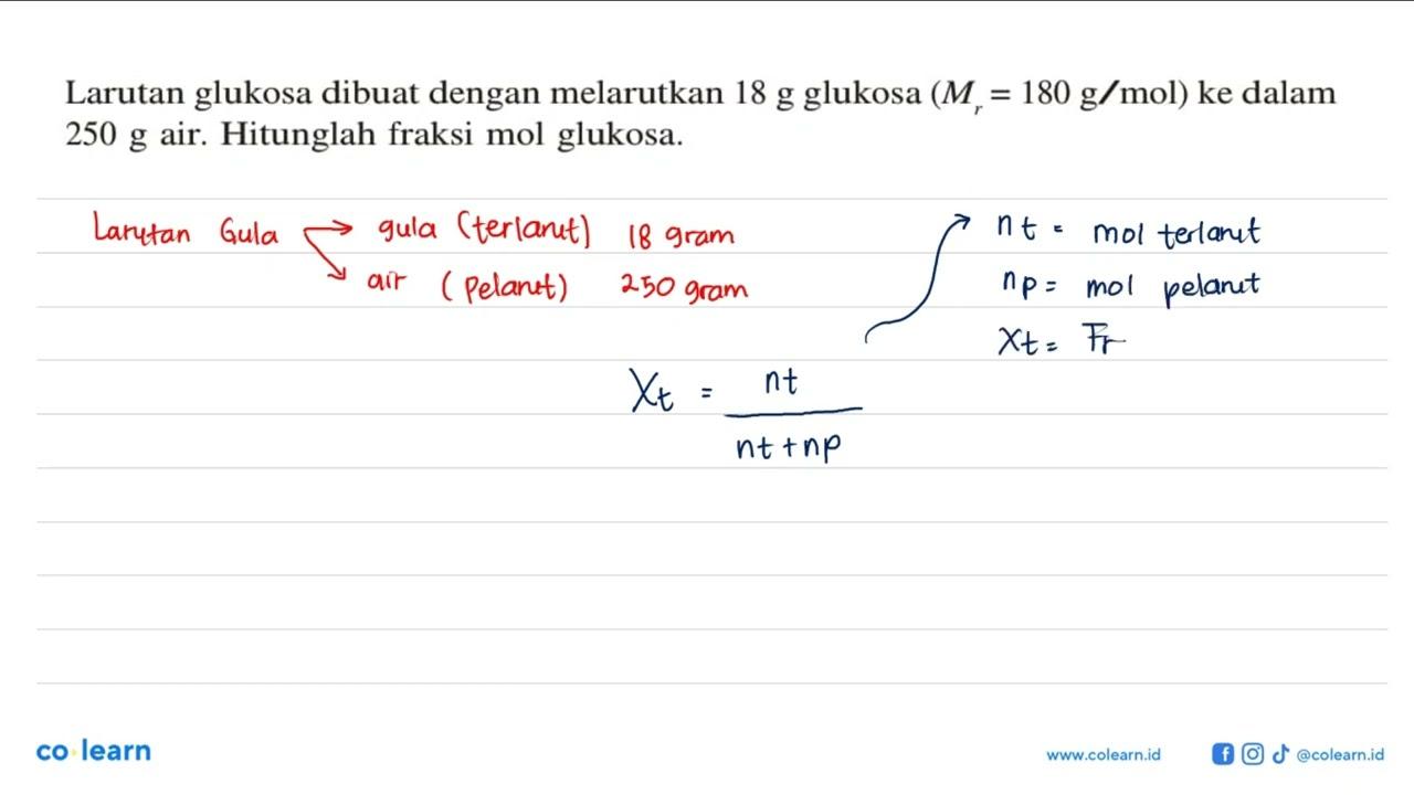 Larutan glukosa dibuat dengan melarutkan 18 g glukosa (Mr =