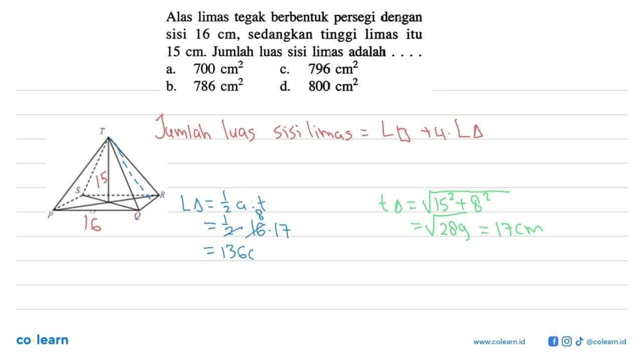 Alas limas tegak berbentuk persegi dengan sisi 16 cm,