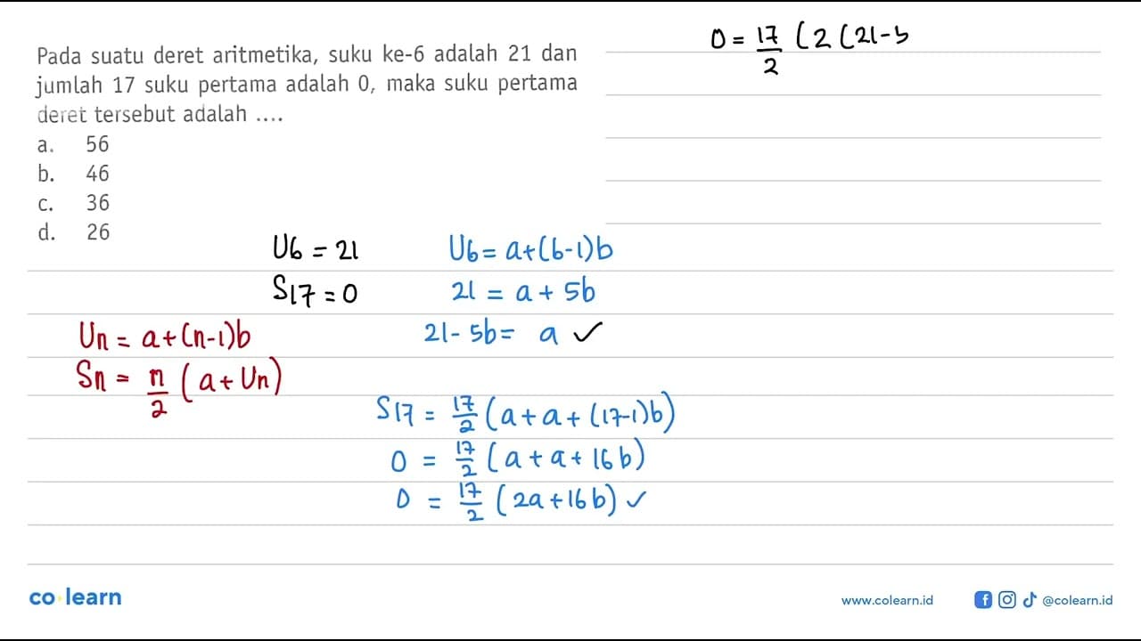 Pada suatu deret aritmetika, suku ke-6 adalah 21 dan jumlah