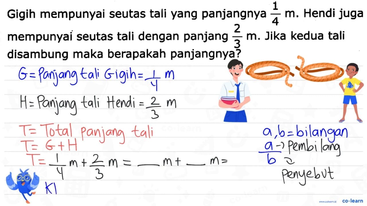 Gigih mempunyai seutas tali yang panjangnya (1)/(4) m .