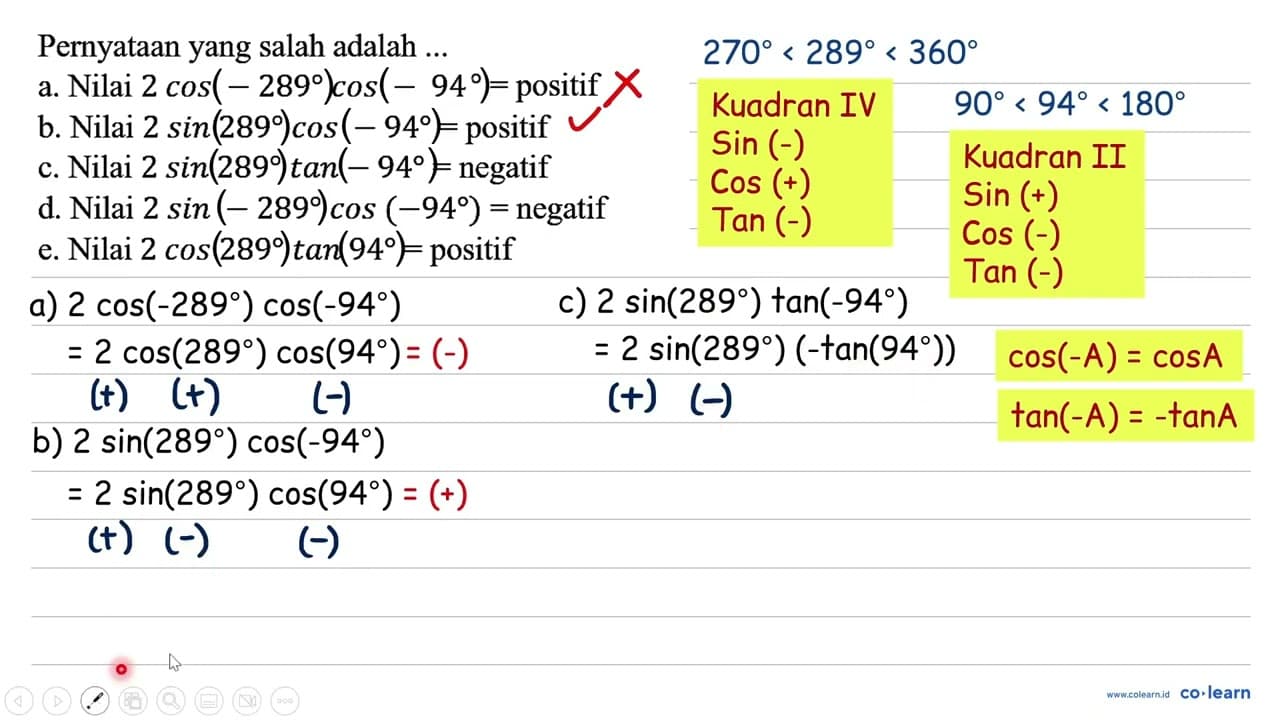 Pernyataan yang salah adalah ... a. Nilai 2 cos -289 cos