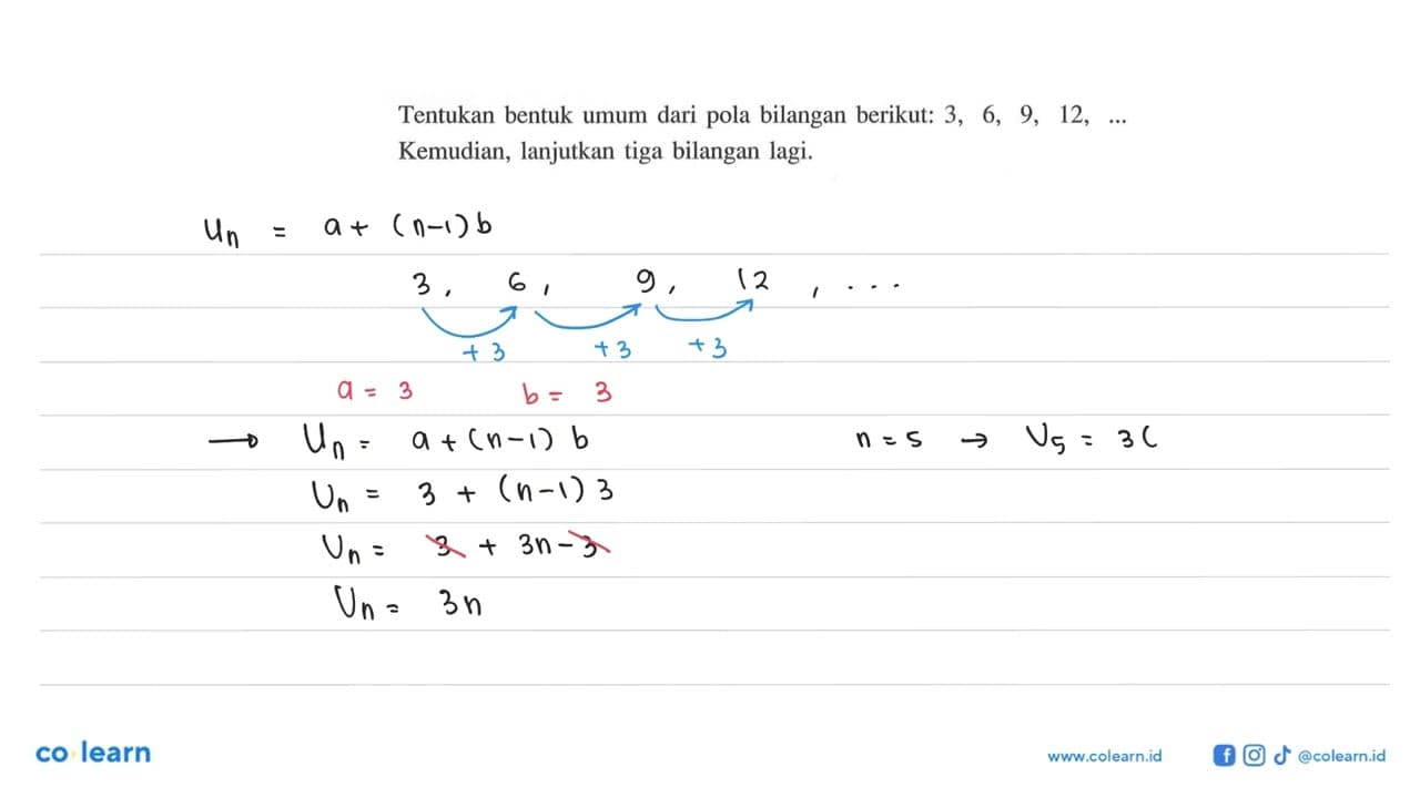 Tentukan bentuk umum dari pola bilangan berikut: 3, 6, 9,