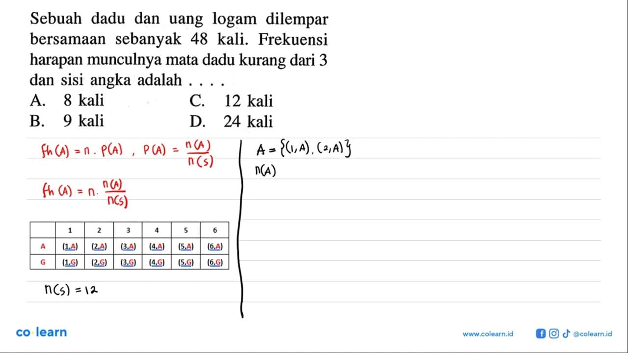 Sebuah dadu dan uang logam dilempar bersamaan sebanyak 48