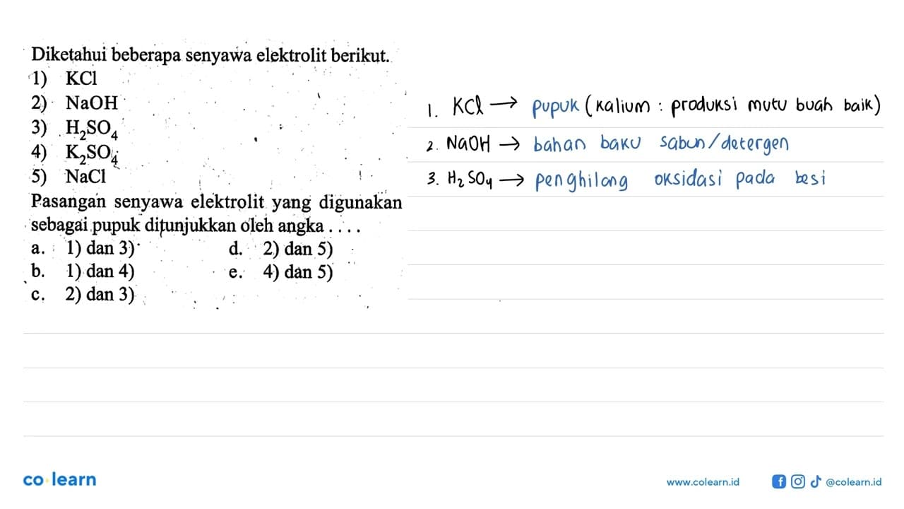 Diketahui beberapa senyawa elektrolit berikut. 1) KCl 2)