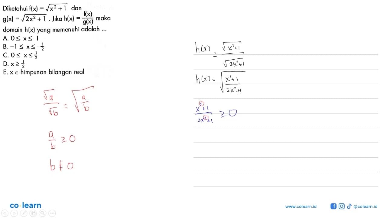 Diketahui f(x)=akar(x^2+1) dan g(x)=akar(2x^2+1). Jika