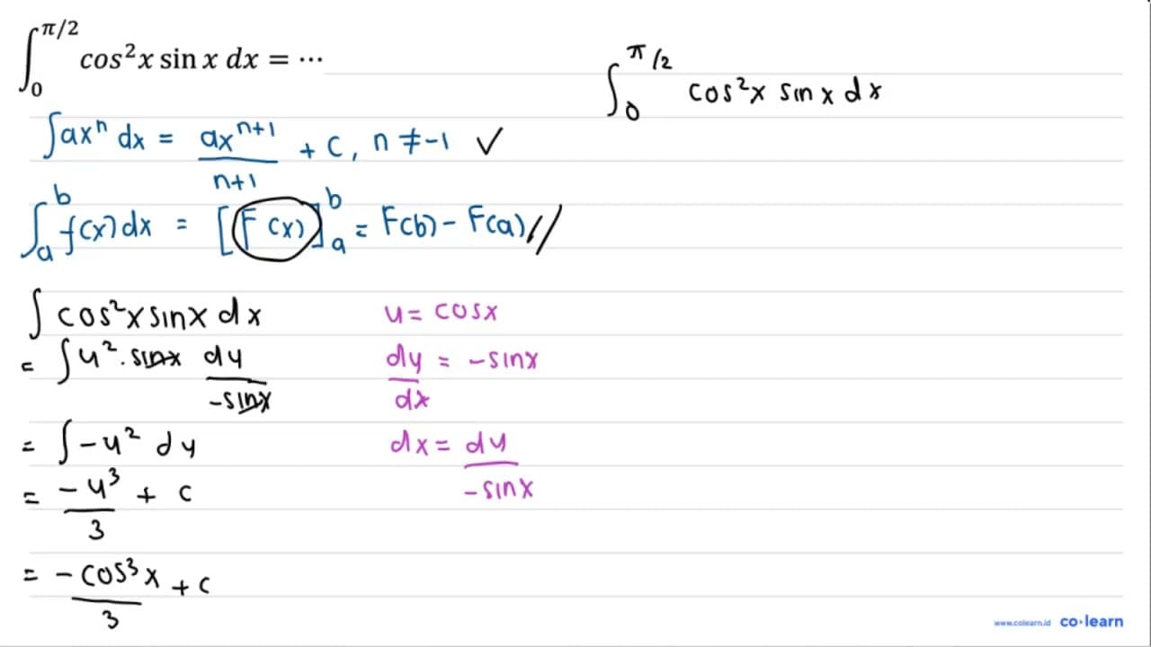 integral dari 0 pi / 2 cos ^2 x sin x dx=.s