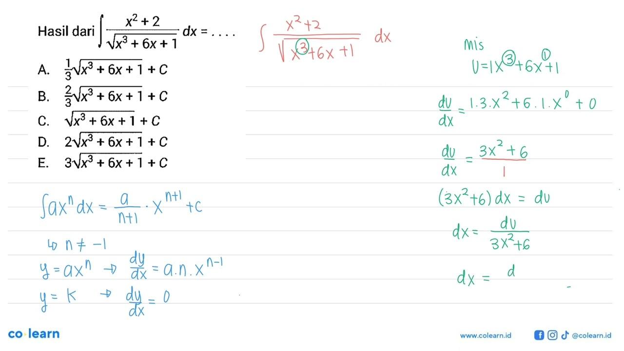 Hasil dari integral (x^2+2)/(akar(x^3+6x+1) dx=...