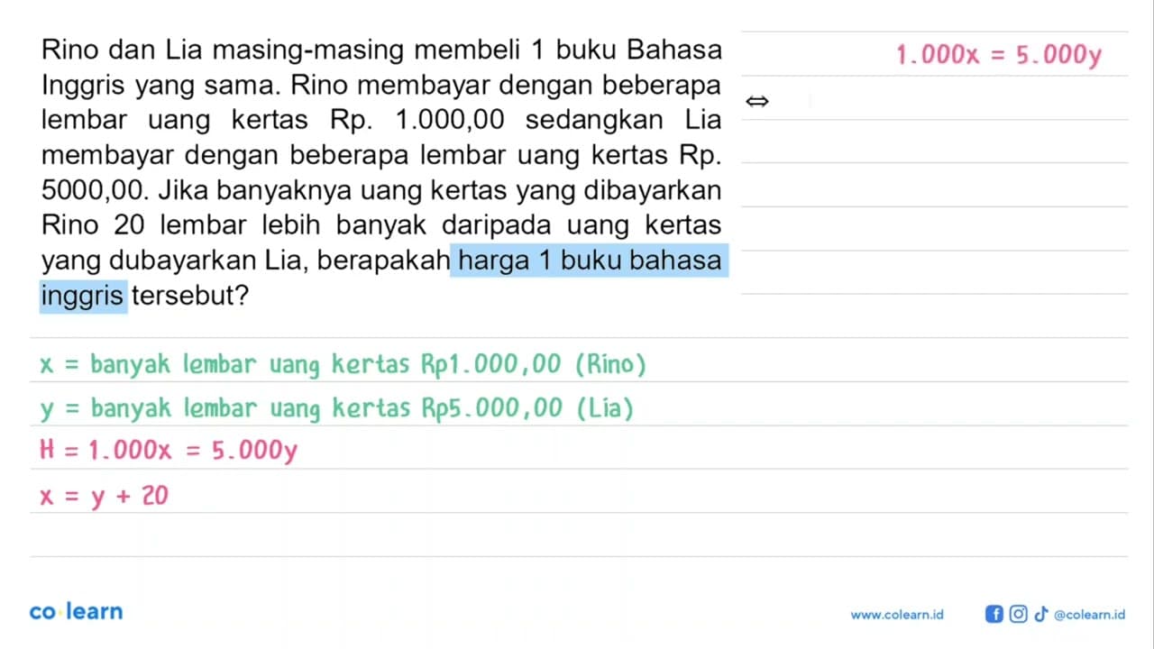 Rino dan Lia masing-masing membeli 1 buku Bahasa Inggris