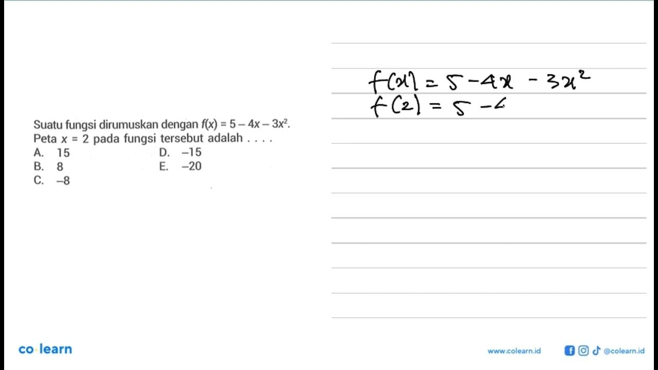 Suatu fungsi dirumuskan dengan f(x)=5-4x-3x^2. Peta x=2