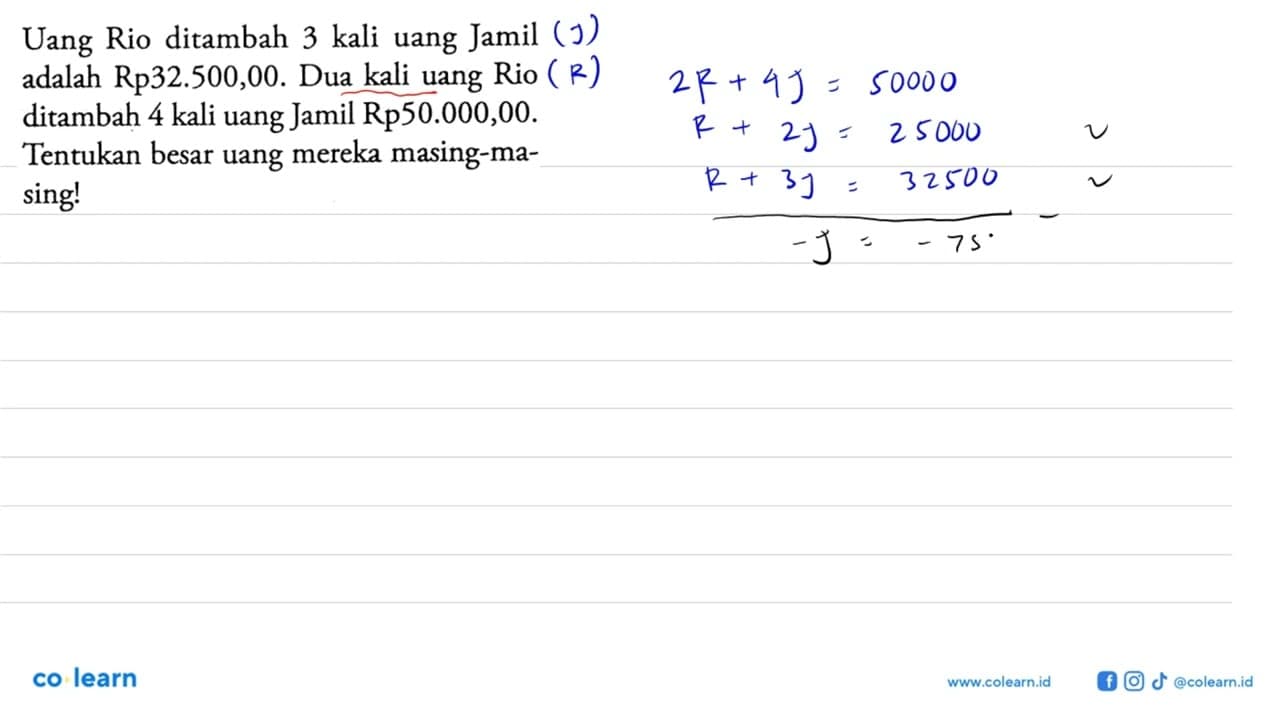Uang Rio ditambah 3 kali uang Jamil adalah Rp32.500,00. Dua