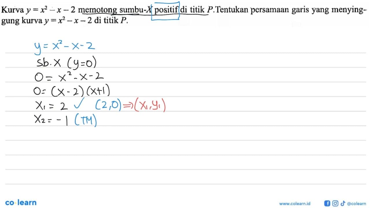 Kurva y=x^2-x-2 memotong sumbu-X positif di titik P.