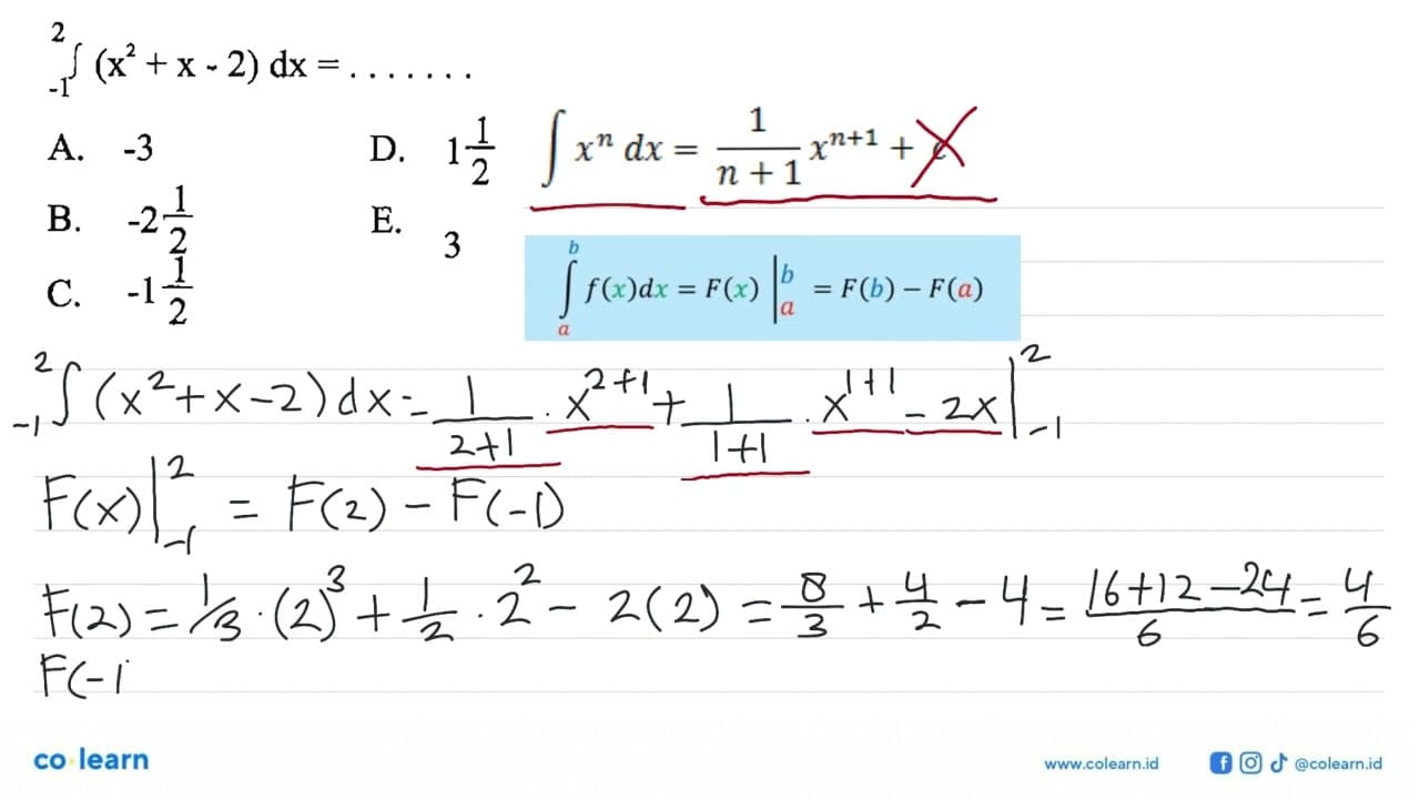 integral -1 2 (x^2+x-2) dx= .... ....