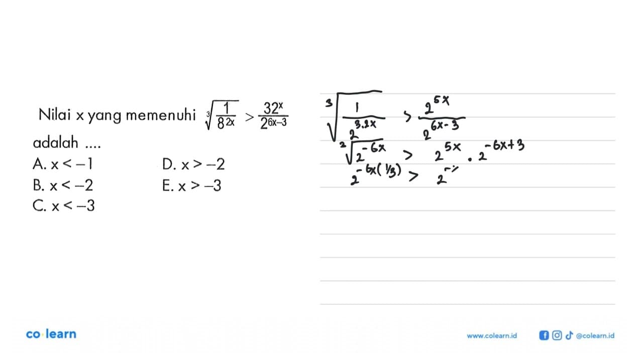 Nilai x yang memenuhi (1/(8^(2x)))^(1/3)>(32^x)/(2^(6x-3))