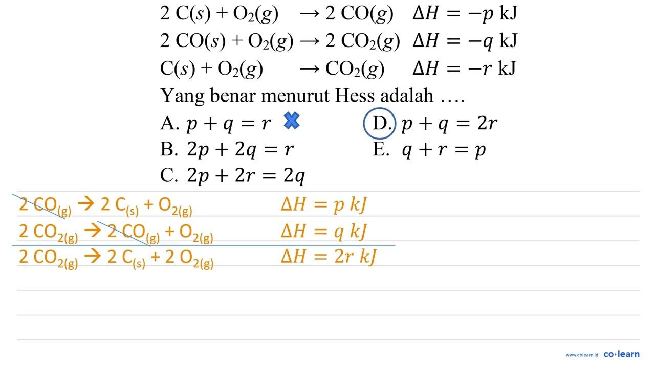 2 C(s)+O_(2)(g) -> 2 CO(g) Delta H=-p ~kJ 2 CO(s)+O_(2)(g)