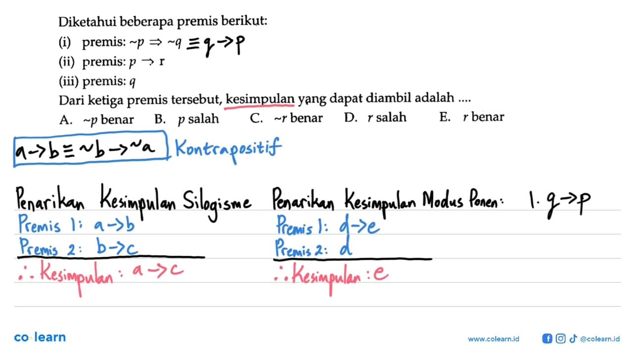 Diketahui beberapa premis berikut:(i) premis: ~p -> ~q(ii)