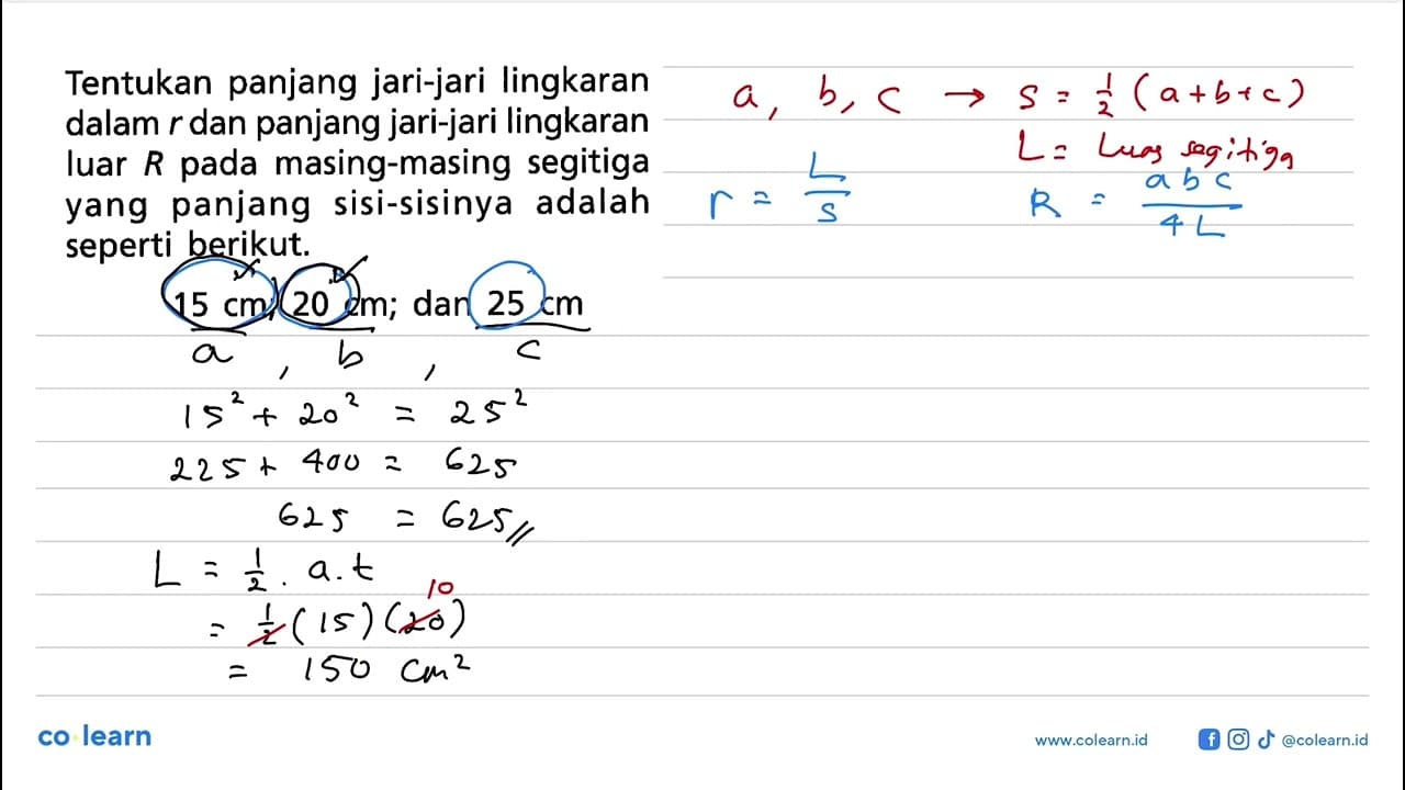 Tentukan panjang jari-jari lingkaran dalam r dan panjang