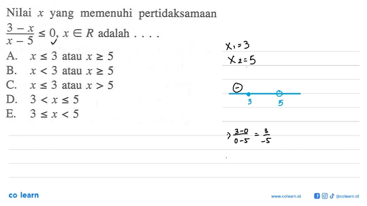 Nilai x yang memenuhi pertidaksamaan (3 - x)/(x-5) < 0, x E