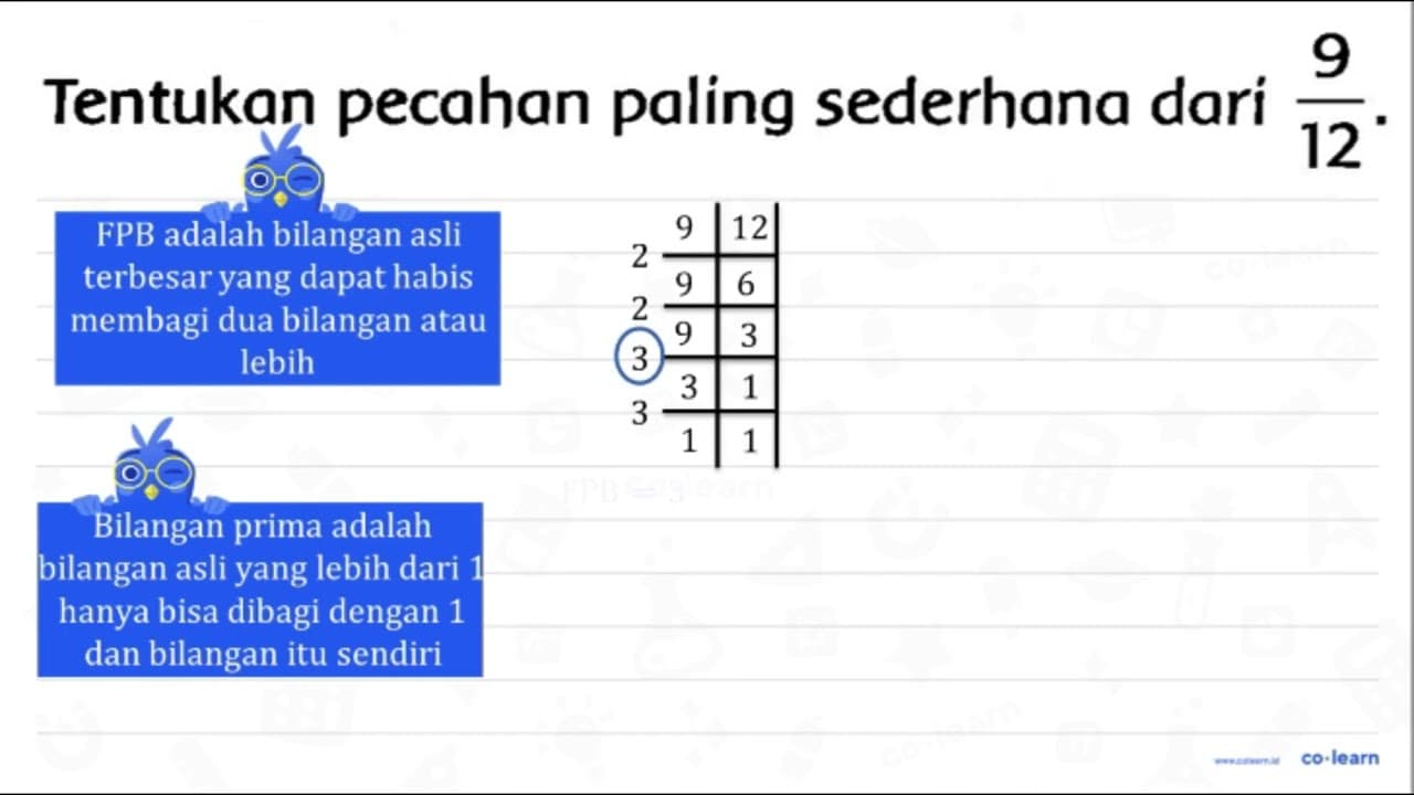 Tentukan pecahan paling sederhana dari (9)/(12) .